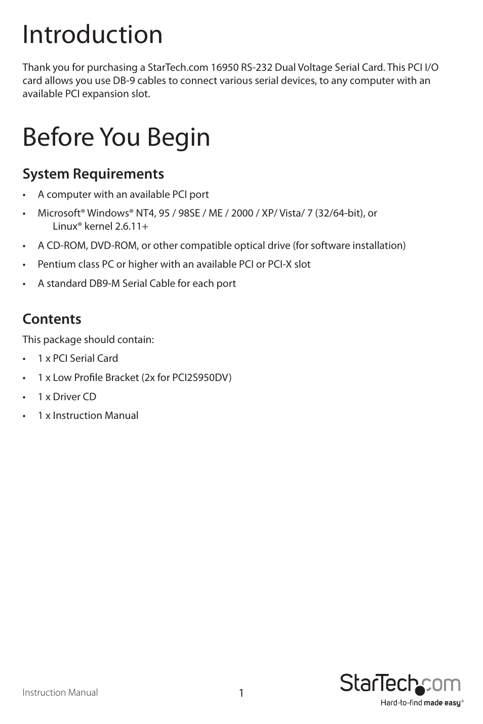 Introduction, Before you begin | StarTech.com PCI2S950DV User Manual | Page 4 / 10