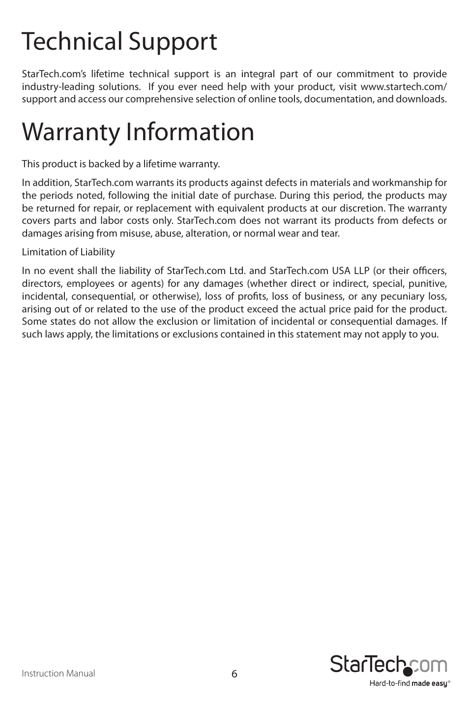 Technical support, Warranty information | StarTech.com PCI2S950DV User Manual | Page 9 / 10