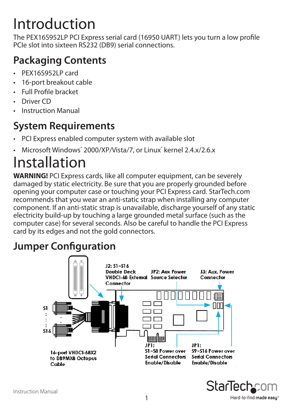 Introduction, Installation, Packaging contents | System requirements, Jumper configuration | StarTech.com PEX16S952LP User Manual | Page 4 / 10