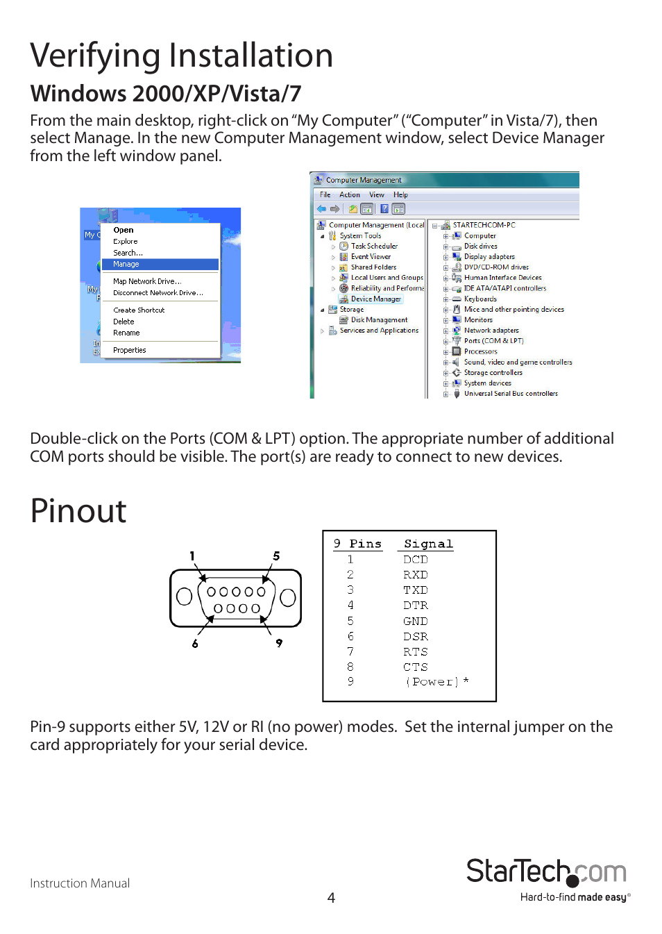 Verifying installation, Pinout | StarTech.com PEX16S952LP User Manual | Page 7 / 10