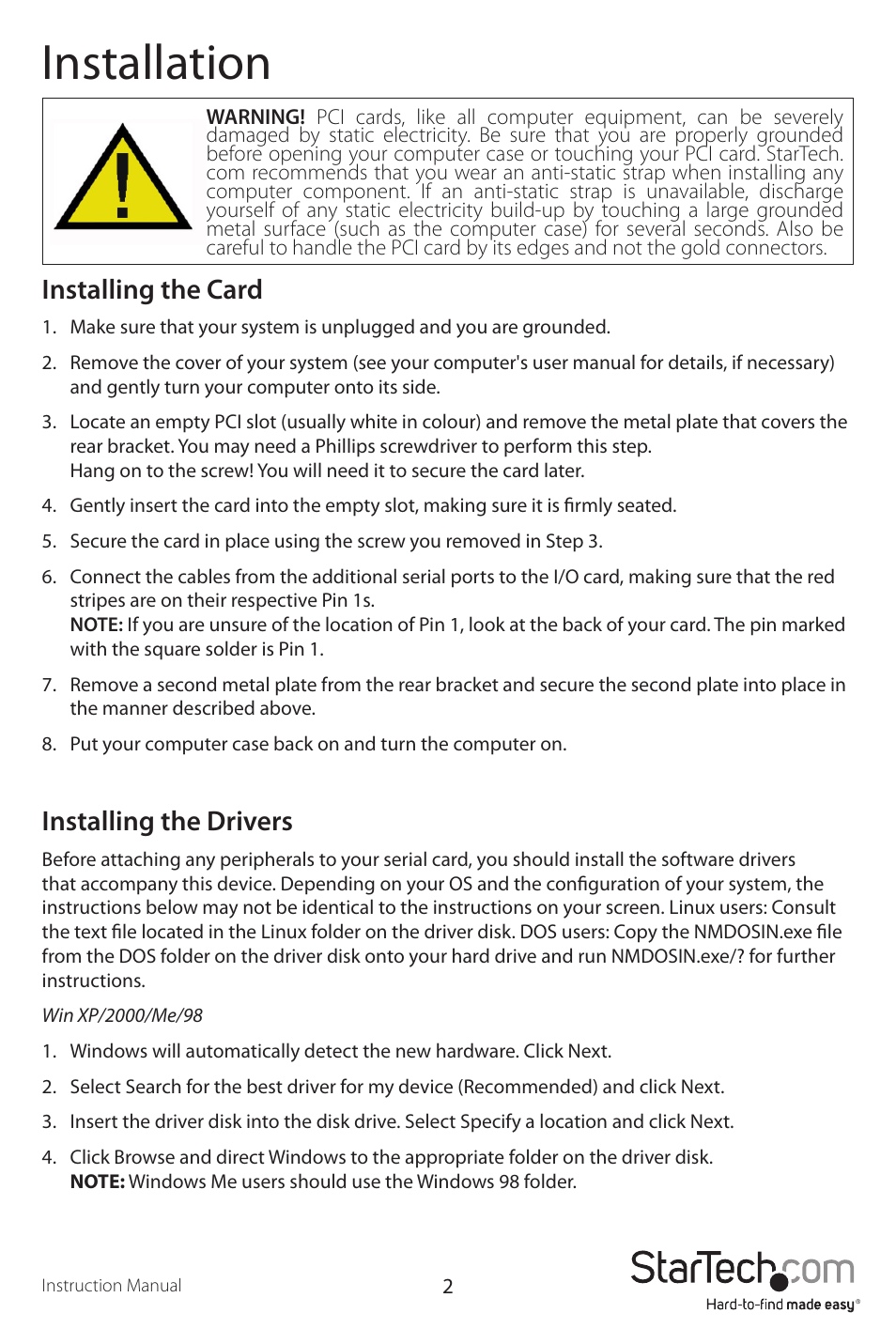 Installation, Installing the card, Installing the drivers | StarTech.com PCI4S550N User Manual | Page 5 / 8