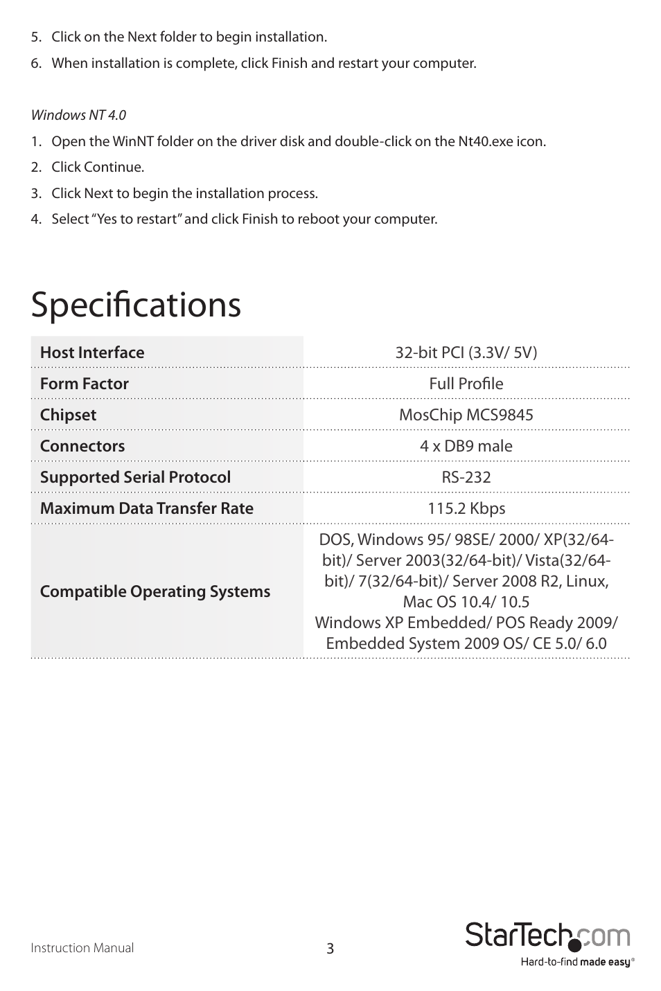 Specifications | StarTech.com PCI4S550N User Manual | Page 6 / 8