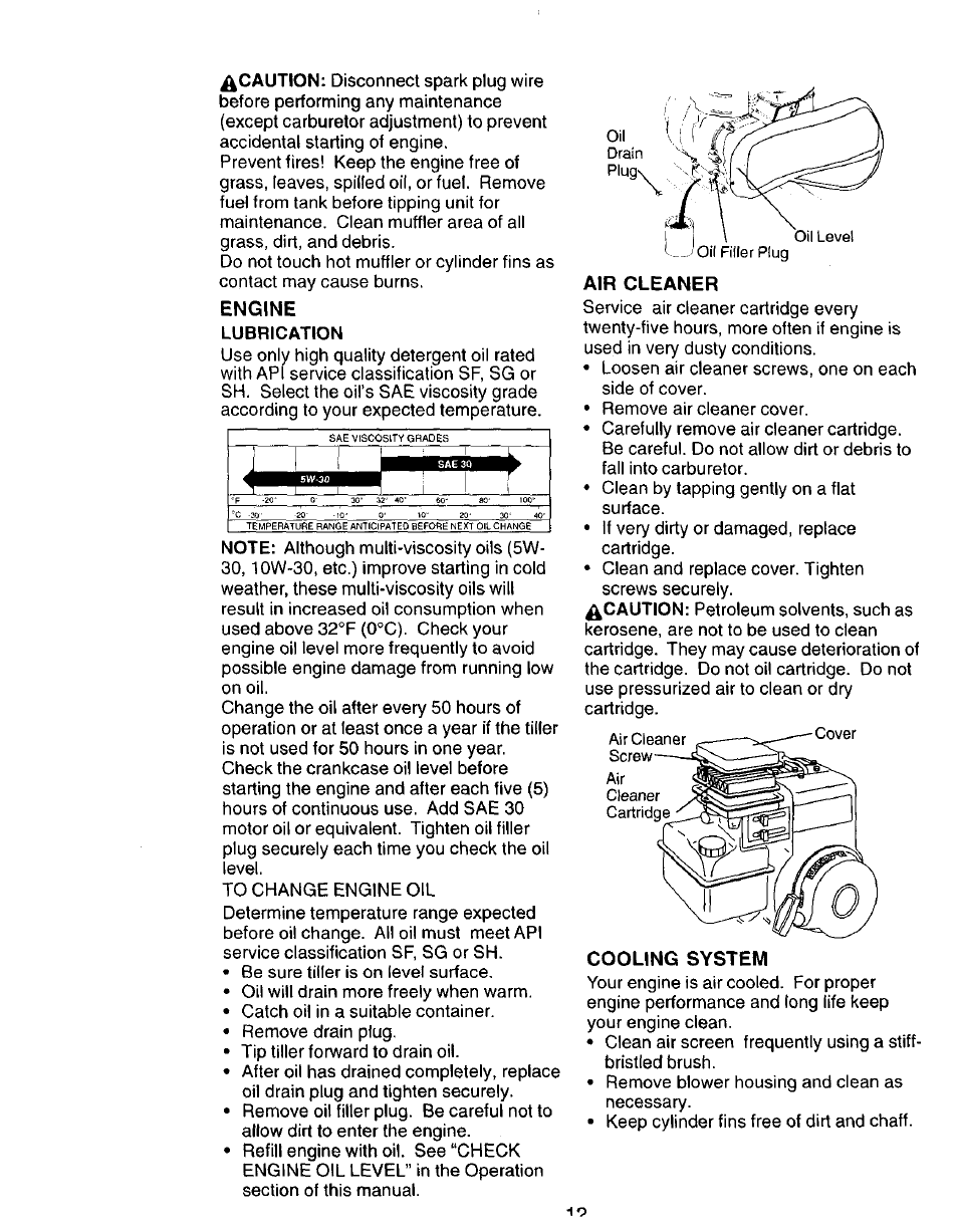 Engine, Lubrication, Air cleaner | Cooling system | Craftsman 917.292394 User Manual | Page 12 / 31