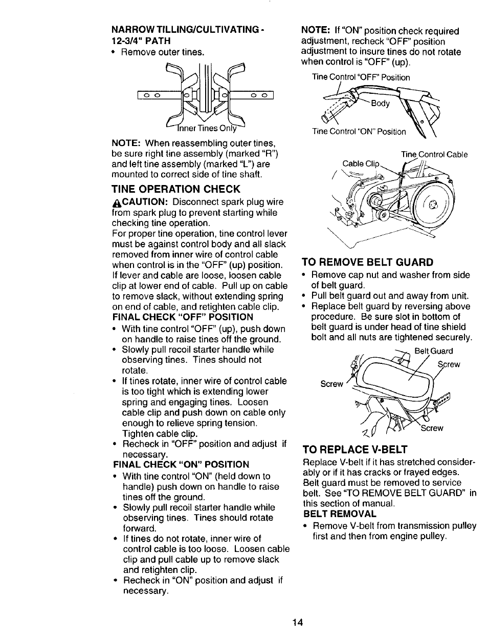 Final check “on” position, To remove belt guard, To replace v-belt | Belt removal | Craftsman 917.292394 User Manual | Page 14 / 31