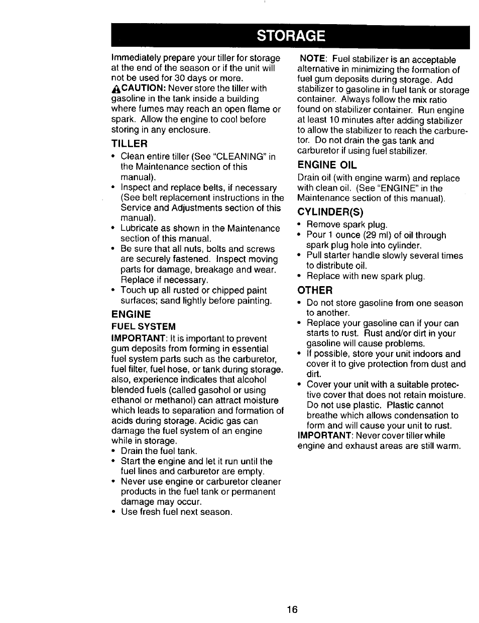 Storage, Tiller, Engine oil | Cylinder(s), Other | Craftsman 917.292394 User Manual | Page 16 / 31