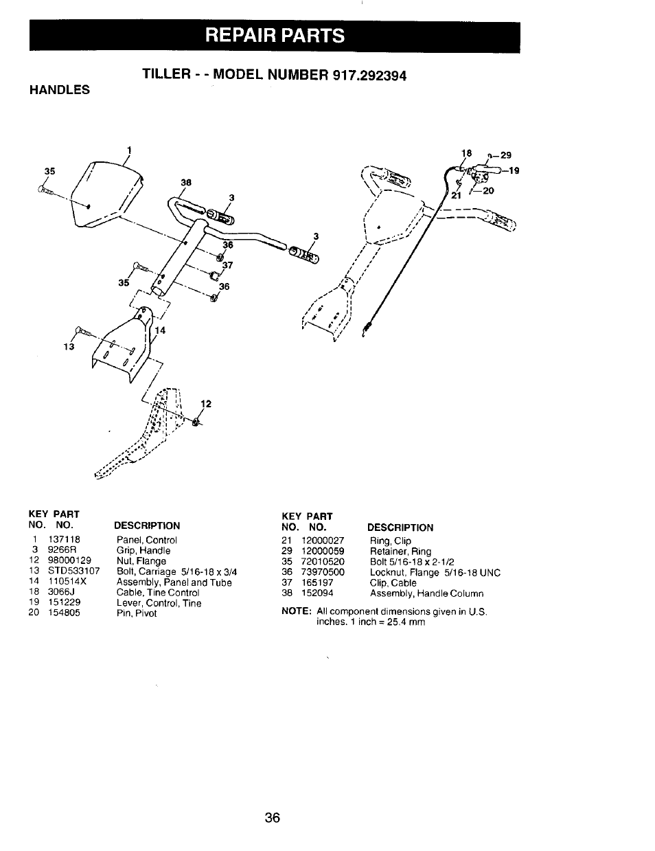 Repair parts, Tiller - - model number 917.292394, Handles | Craftsman 917.292394 User Manual | Page 19 / 31