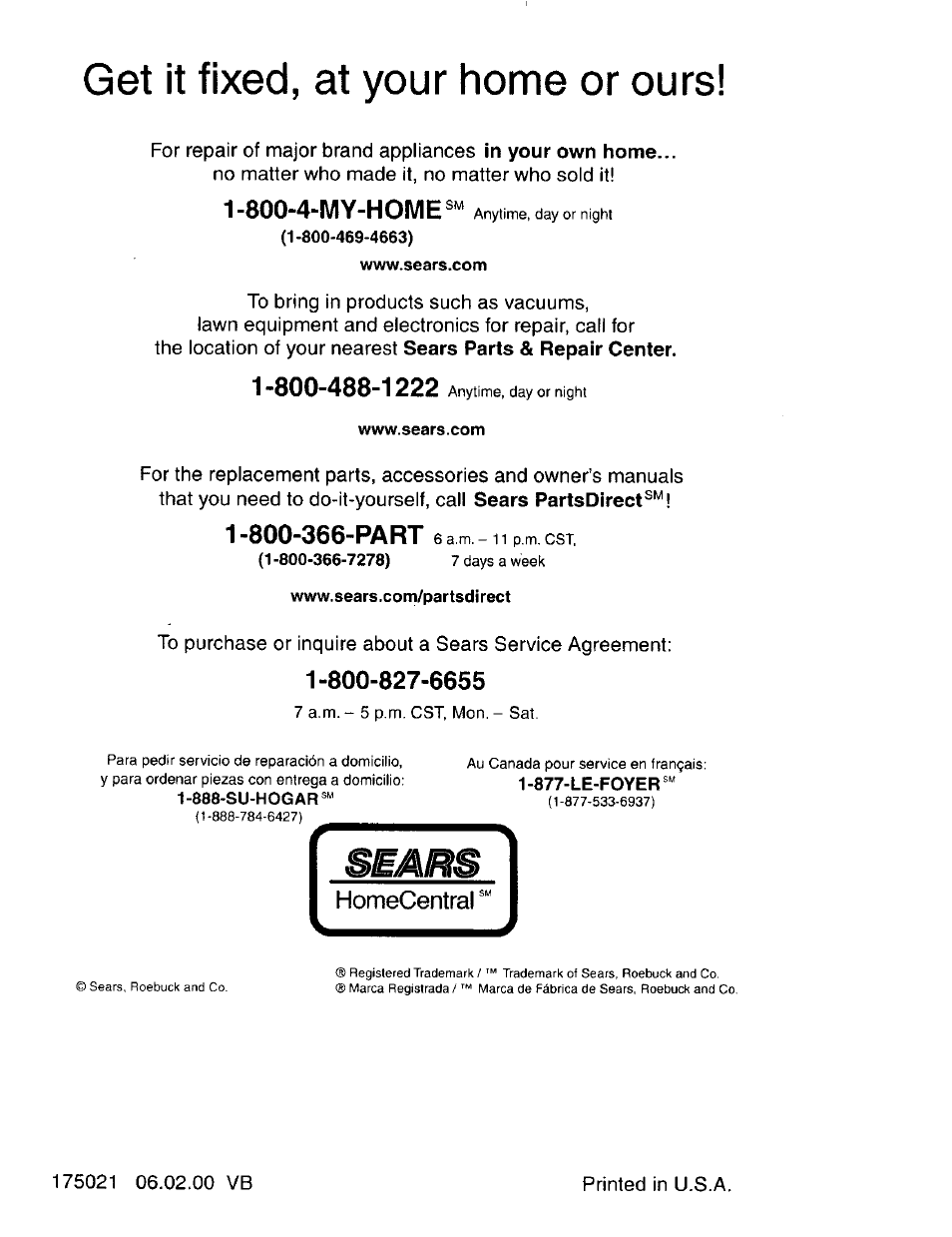 Get it fixed, at your home or ours, 800-4-my-home, Homecentra | Craftsman 917.292394 User Manual | Page 31 / 31