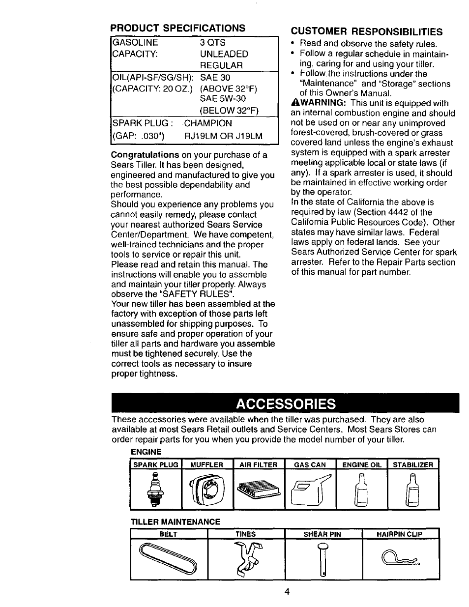 Customer responsibilities, Accessories | Craftsman 917.292394 User Manual | Page 4 / 31