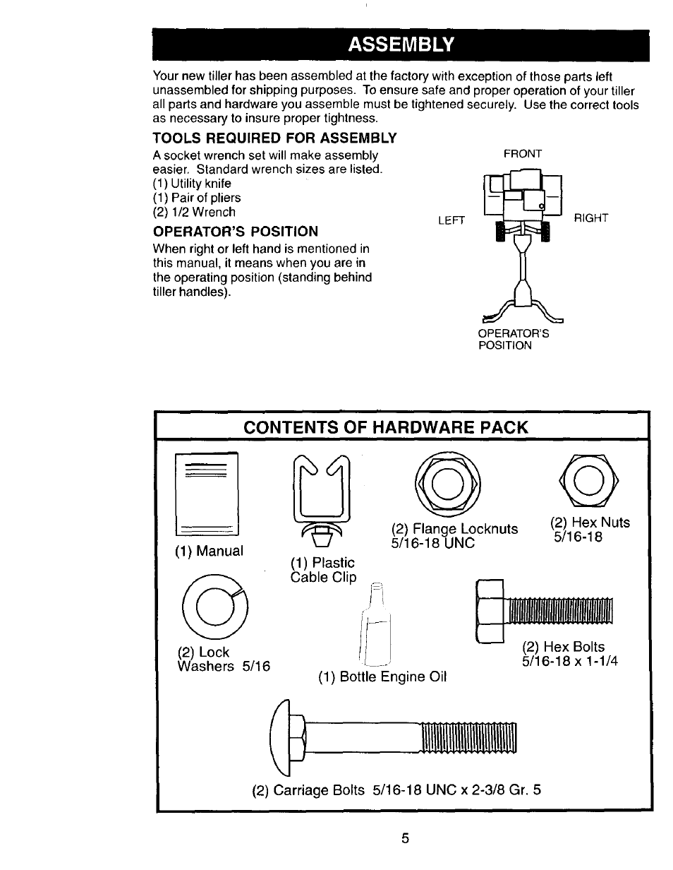 Assembly, Tools required for assembly, Operator’s position | Craftsman 917.292394 User Manual | Page 5 / 31