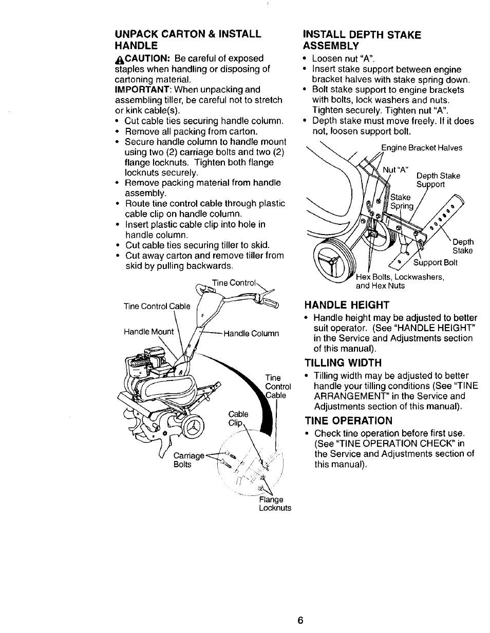 Unpack carton & install handle, Install depth stake assembly, Handle height | Tilling width, Tine operation | Craftsman 917.292394 User Manual | Page 6 / 31