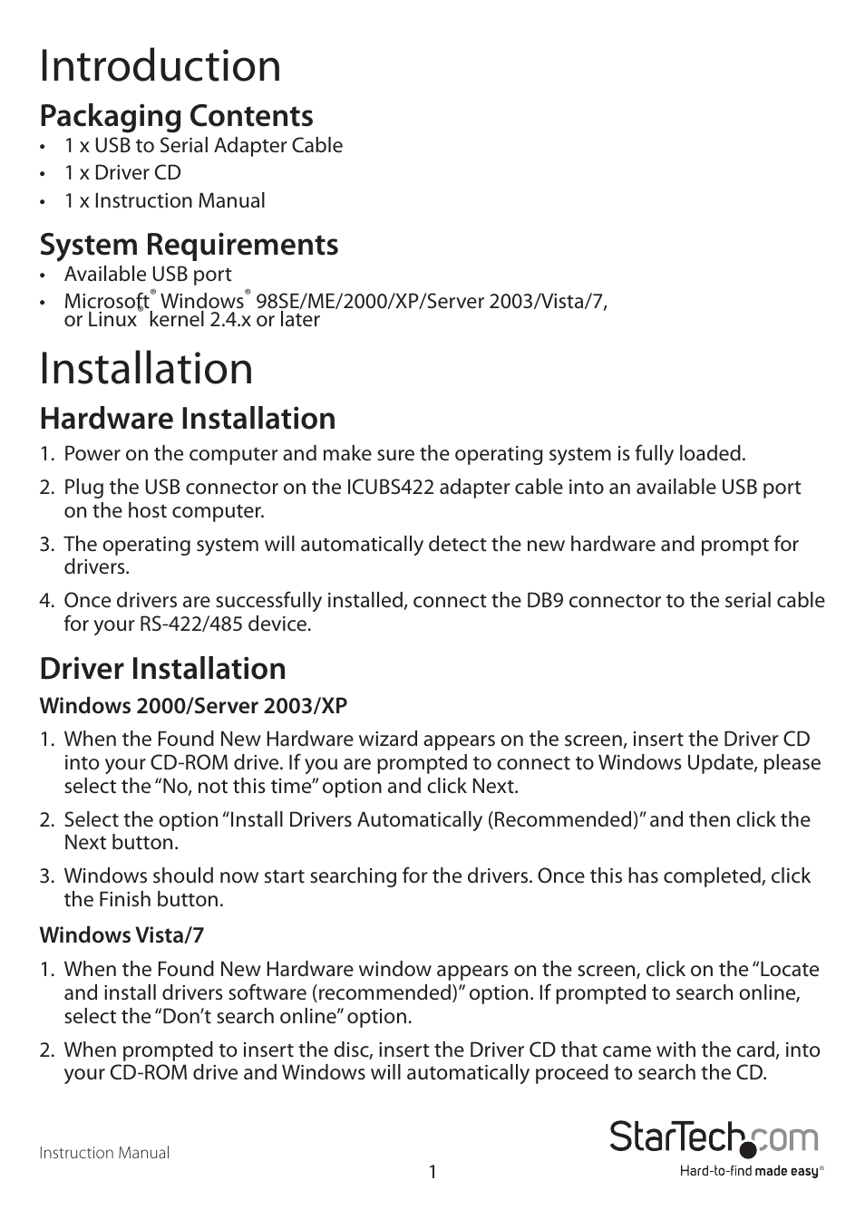 Introduction, Installation, Packaging contents | System requirements, Hardware installation, Driver installation | StarTech.com ICUSB422 User Manual | Page 4 / 9