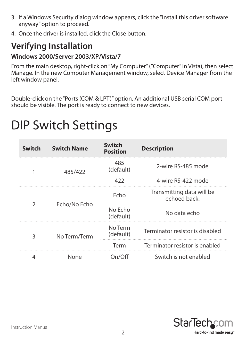 Dip switch settings, Verifying installation | StarTech.com ICUSB422 User Manual | Page 5 / 9