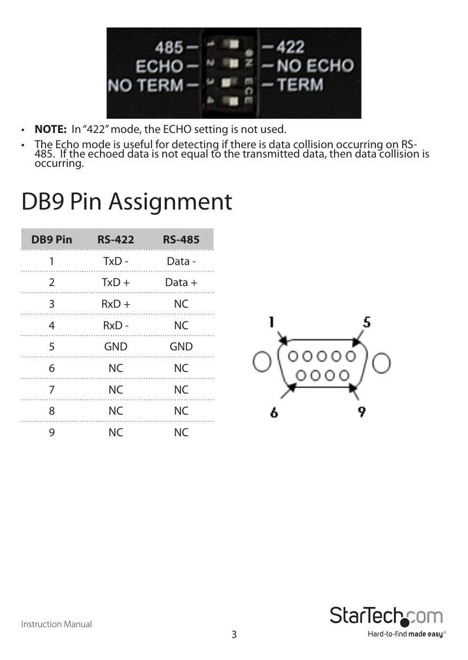 Db9 pin assignment | StarTech.com ICUSB422 User Manual | Page 6 / 9