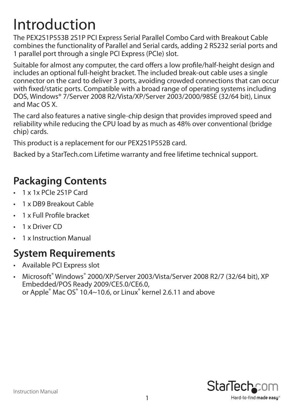 Introduction, Packaging contents, System requirements | StarTech.com PEX2S1P553B User Manual | Page 4 / 10