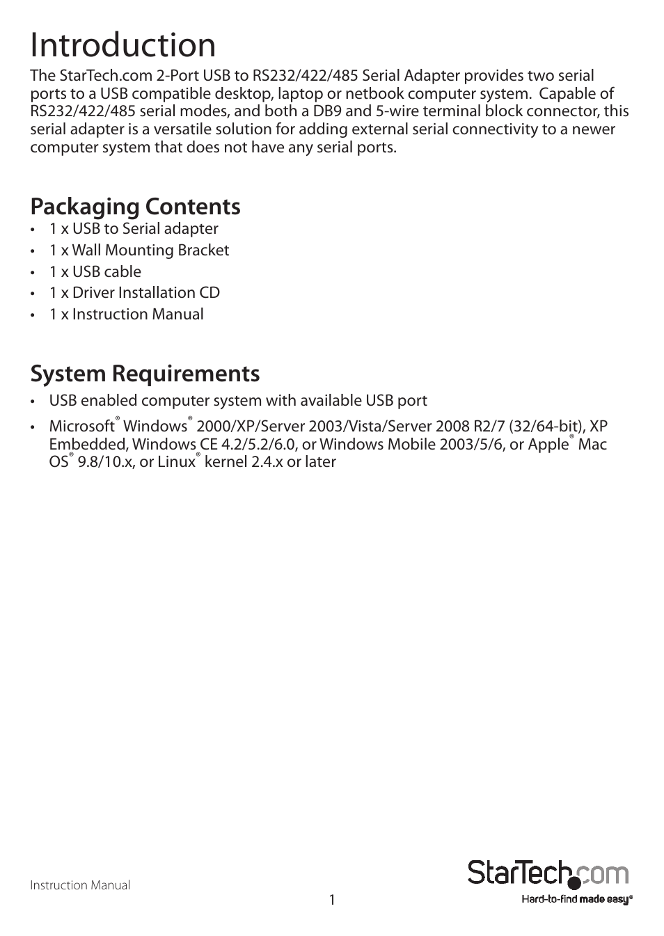 Introduction, Packaging contents, System requirements | StarTech.com ICUSB2324852 User Manual | Page 4 / 10