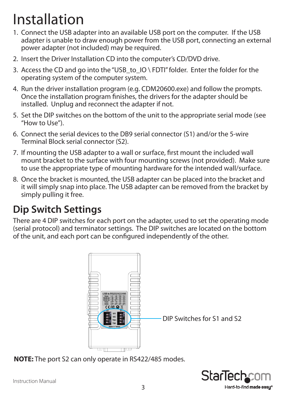 Installation, Dip switch settings | StarTech.com ICUSB2324852 User Manual | Page 6 / 10