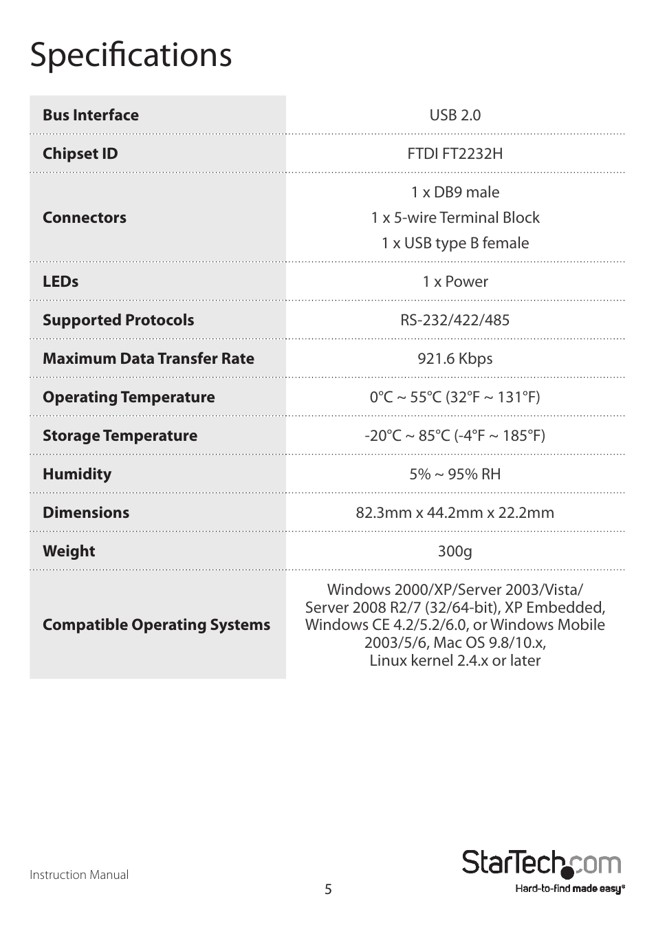 Specifications | StarTech.com ICUSB2324852 User Manual | Page 8 / 10