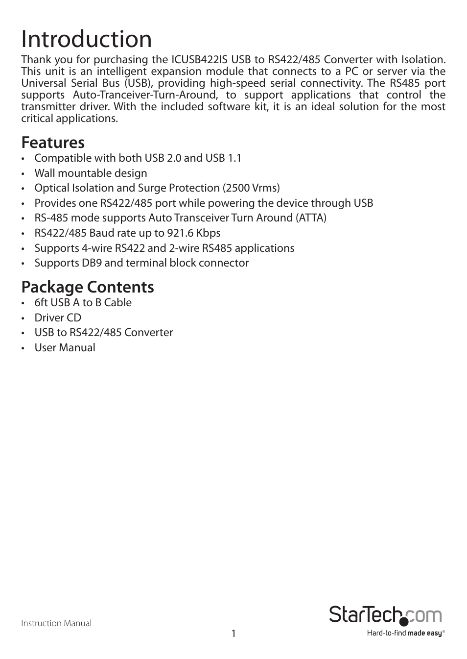 Introduction, Features, Package contents | StarTech.com ICUSB422IS User Manual | Page 4 / 12