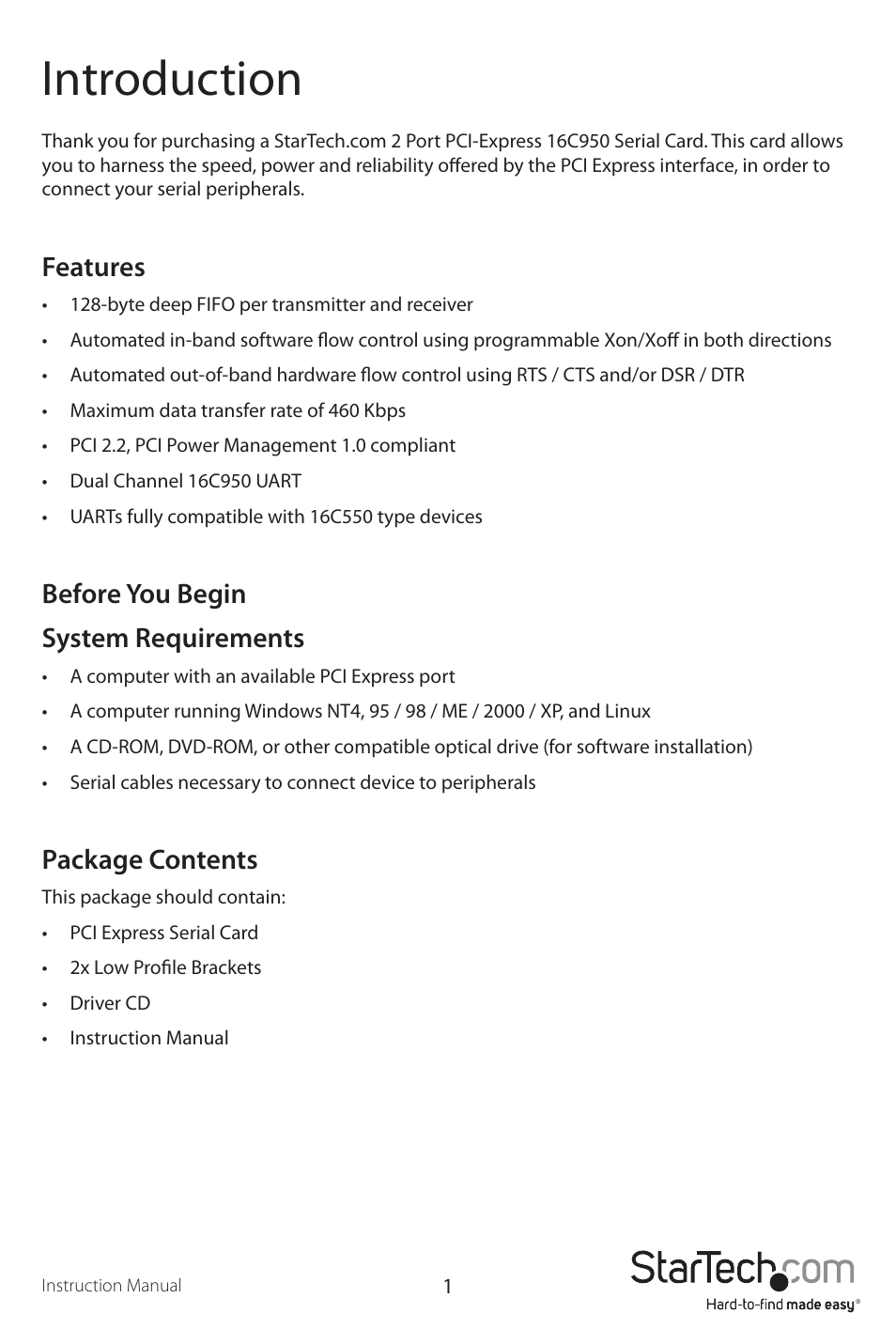 Introduction, Features, Before you begin system requirements | Package contents | StarTech.com PEX2S950 User Manual | Page 4 / 9