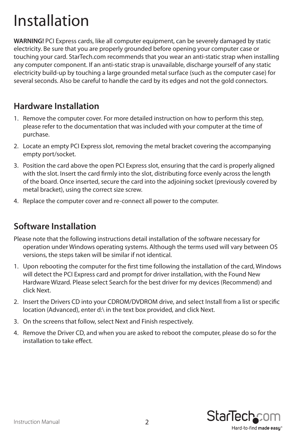 Installation, Hardware installation, Software installation | StarTech.com PEX2S950 User Manual | Page 5 / 9