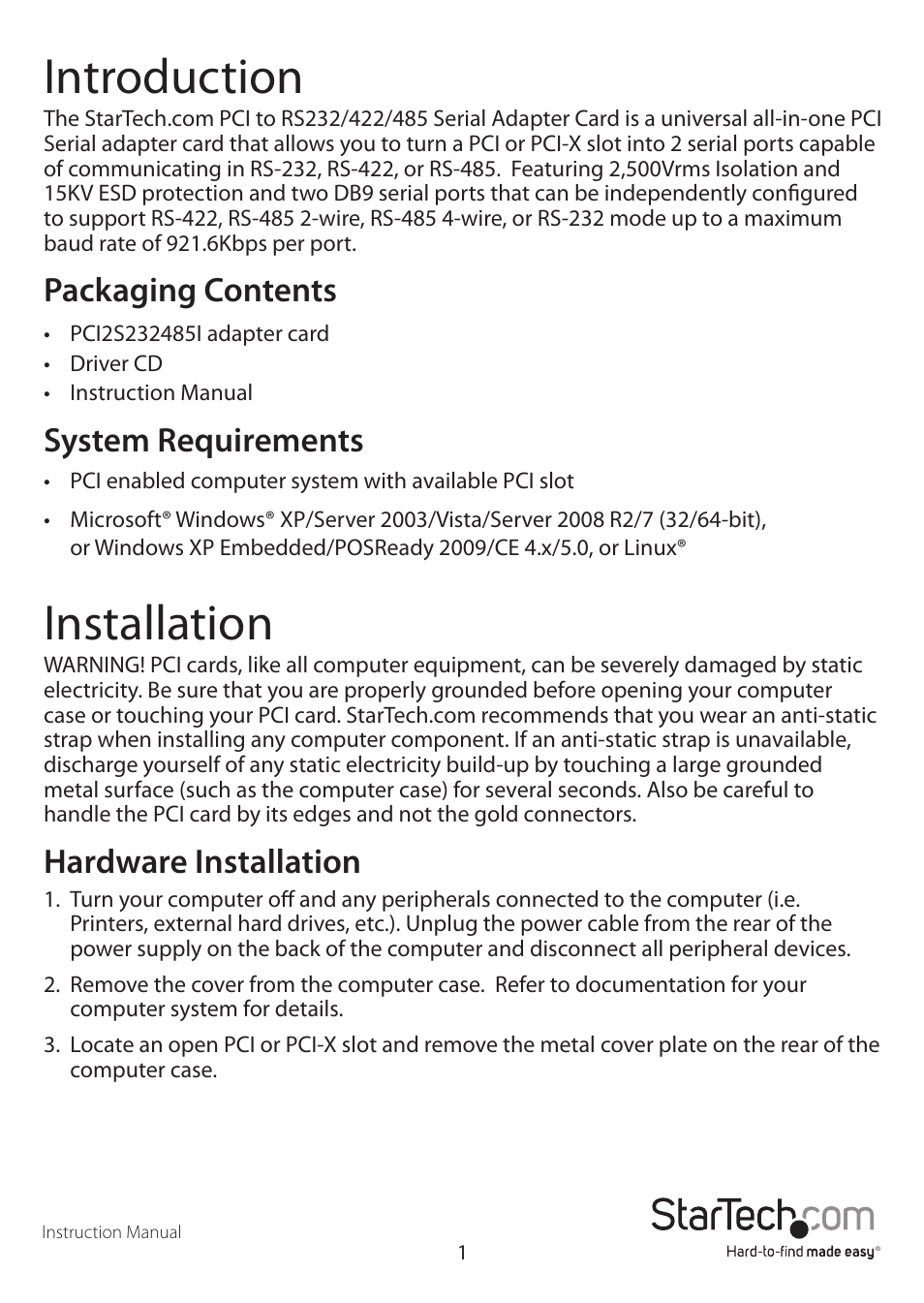 Introduction, Installation, Packaging contents | System requirements, Hardware installation | StarTech.com PCI2S232485I User Manual | Page 4 / 12