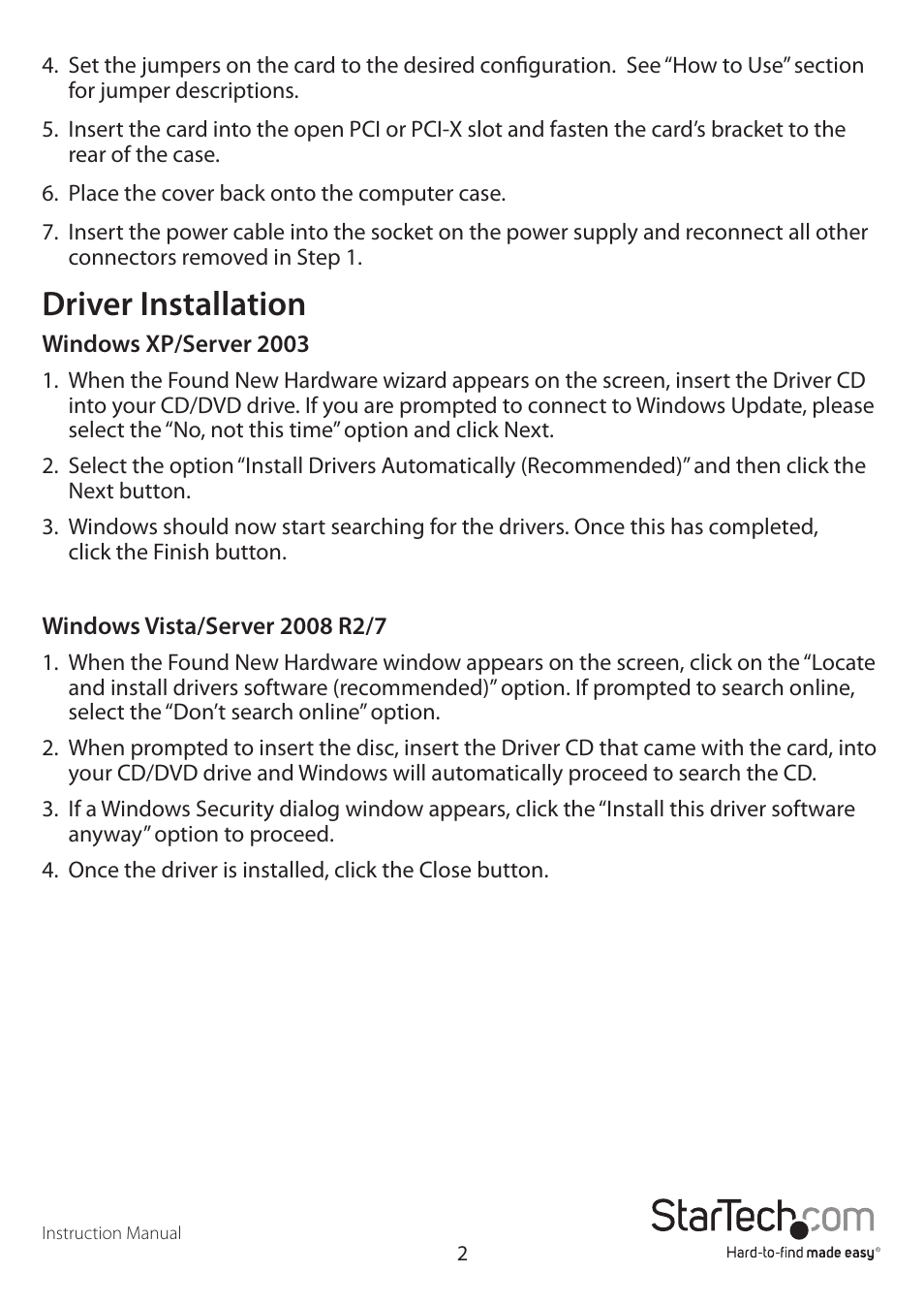 Driver installation | StarTech.com PCI2S232485I User Manual | Page 5 / 12