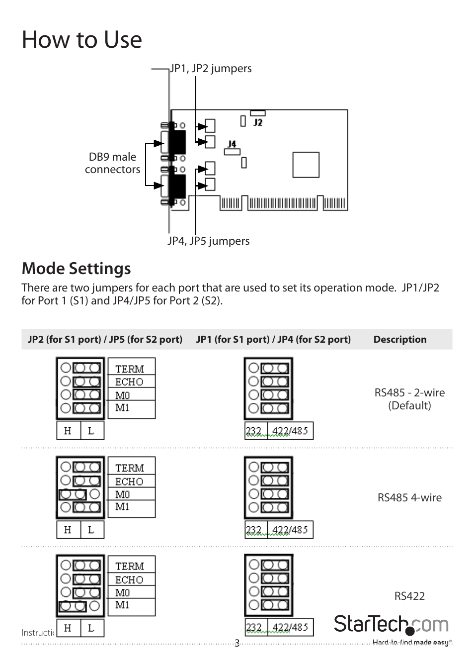 How to use, Mode settings | StarTech.com PCI2S232485I User Manual | Page 6 / 12