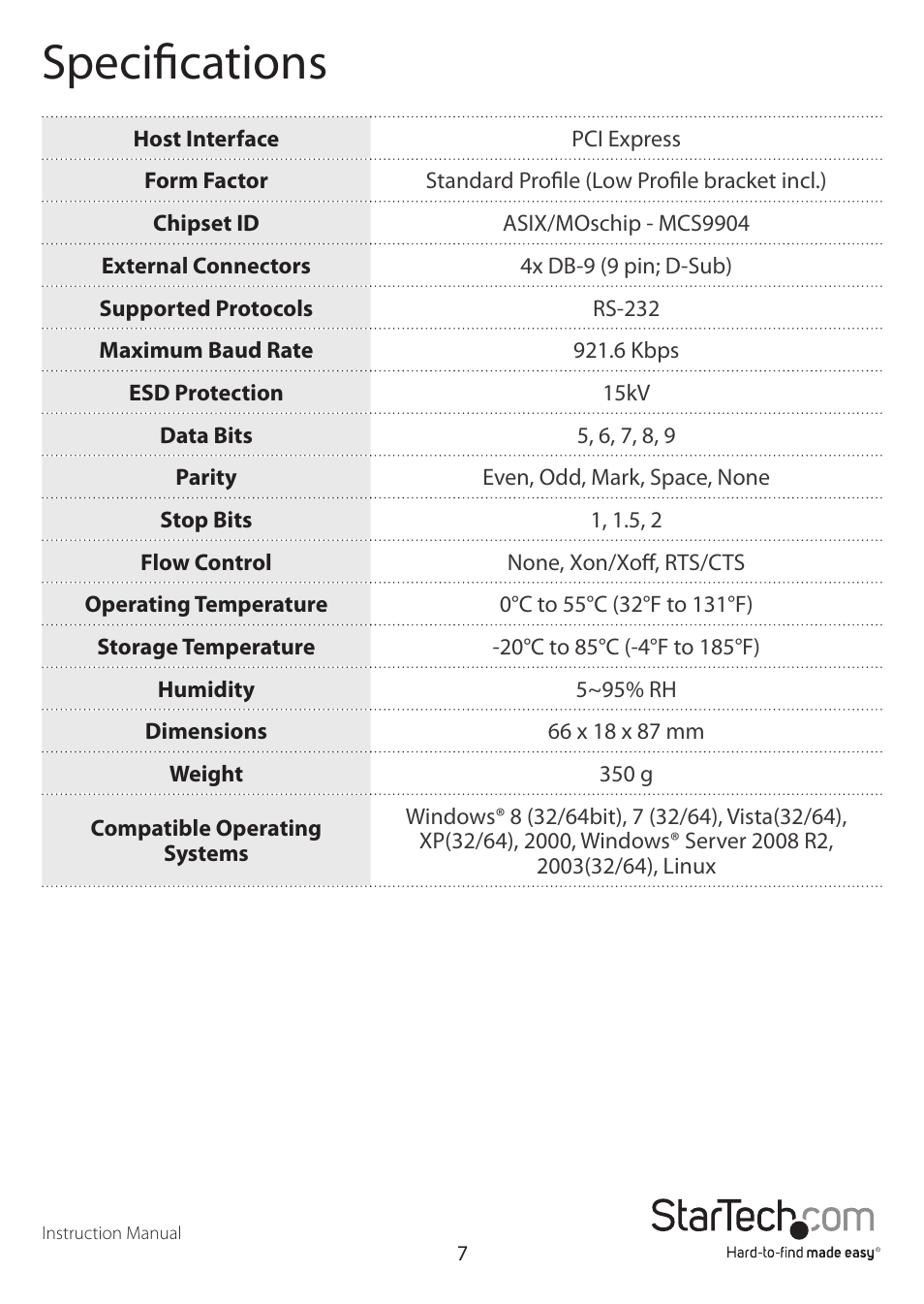 Specifications | StarTech.com PEX4S553S User Manual | Page 10 / 12