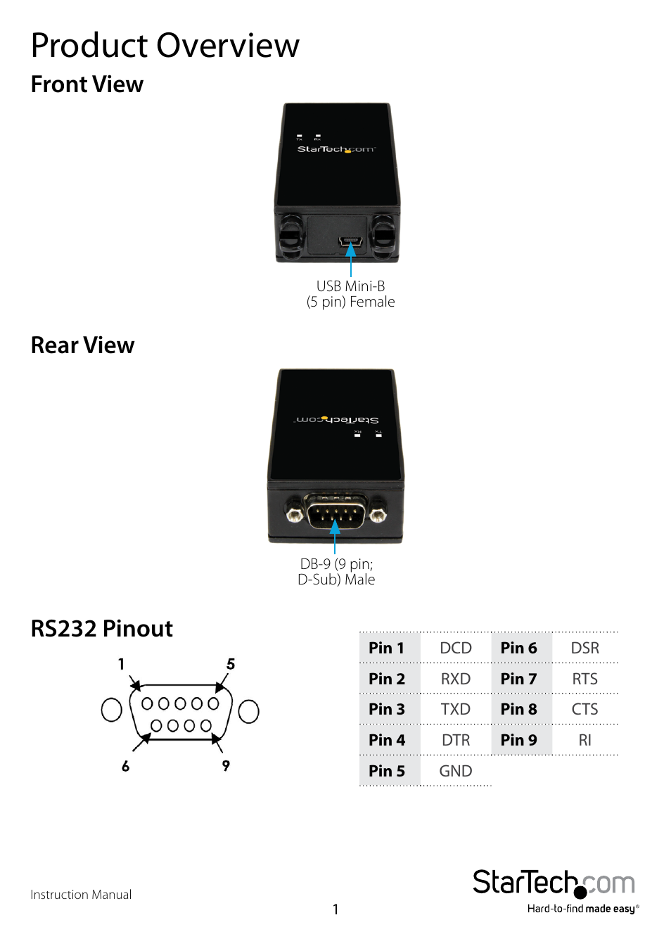 Product overview, Front view, Rear view | Rs232 pinout, Front view rear view rs232 pinout | StarTech.com ICUSB232IS User Manual | Page 4 / 13