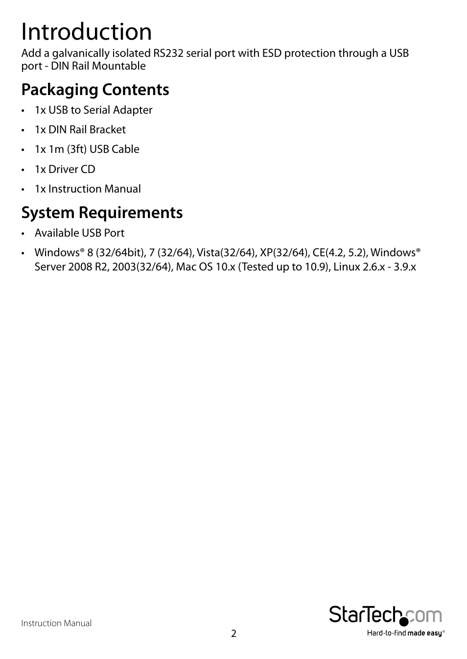 Introduction, Packaging contents, System requirements | Packaging contents system requirements | StarTech.com ICUSB232IS User Manual | Page 5 / 13