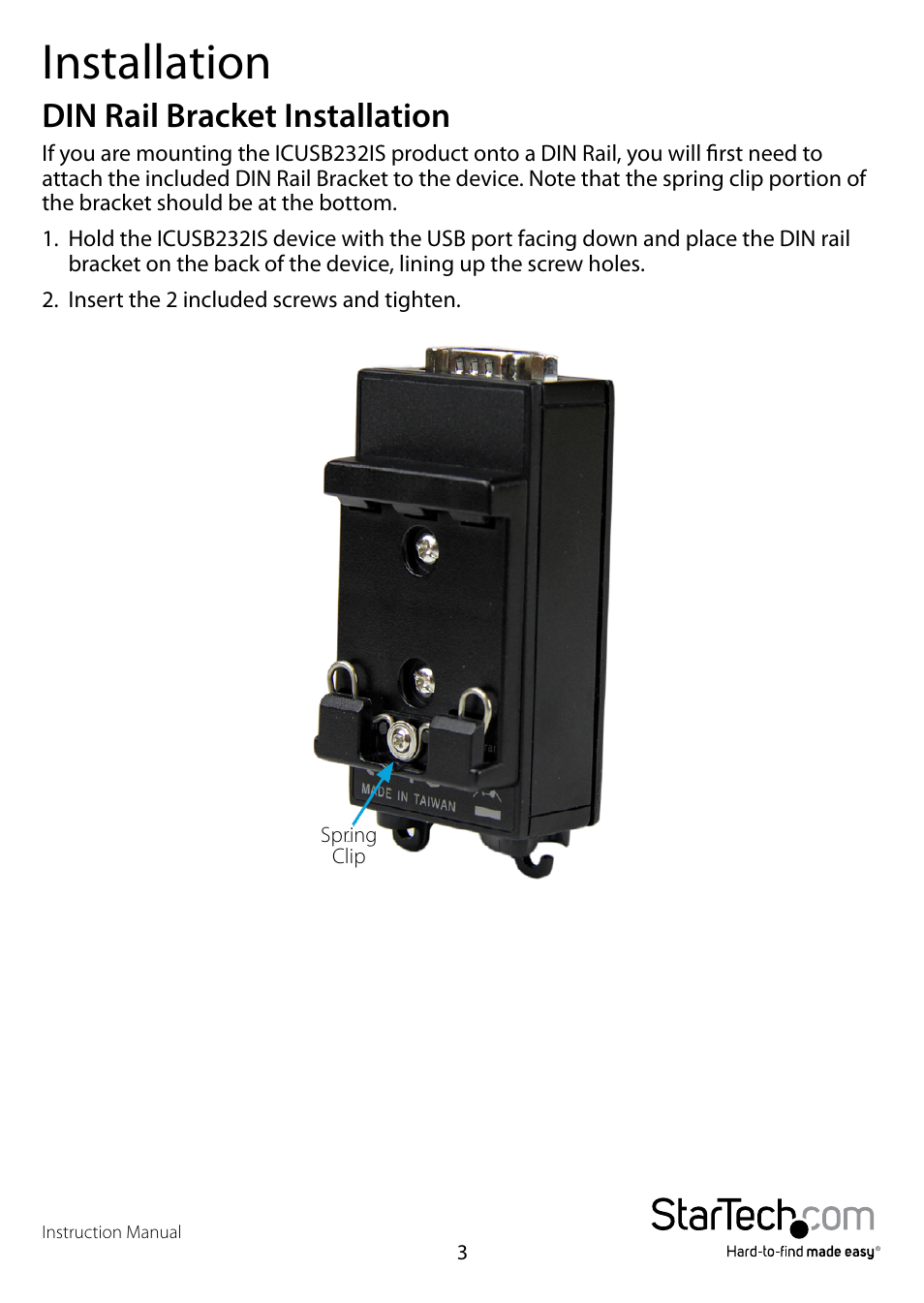 Installation, Din rail bracket installation | StarTech.com ICUSB232IS User Manual | Page 6 / 13