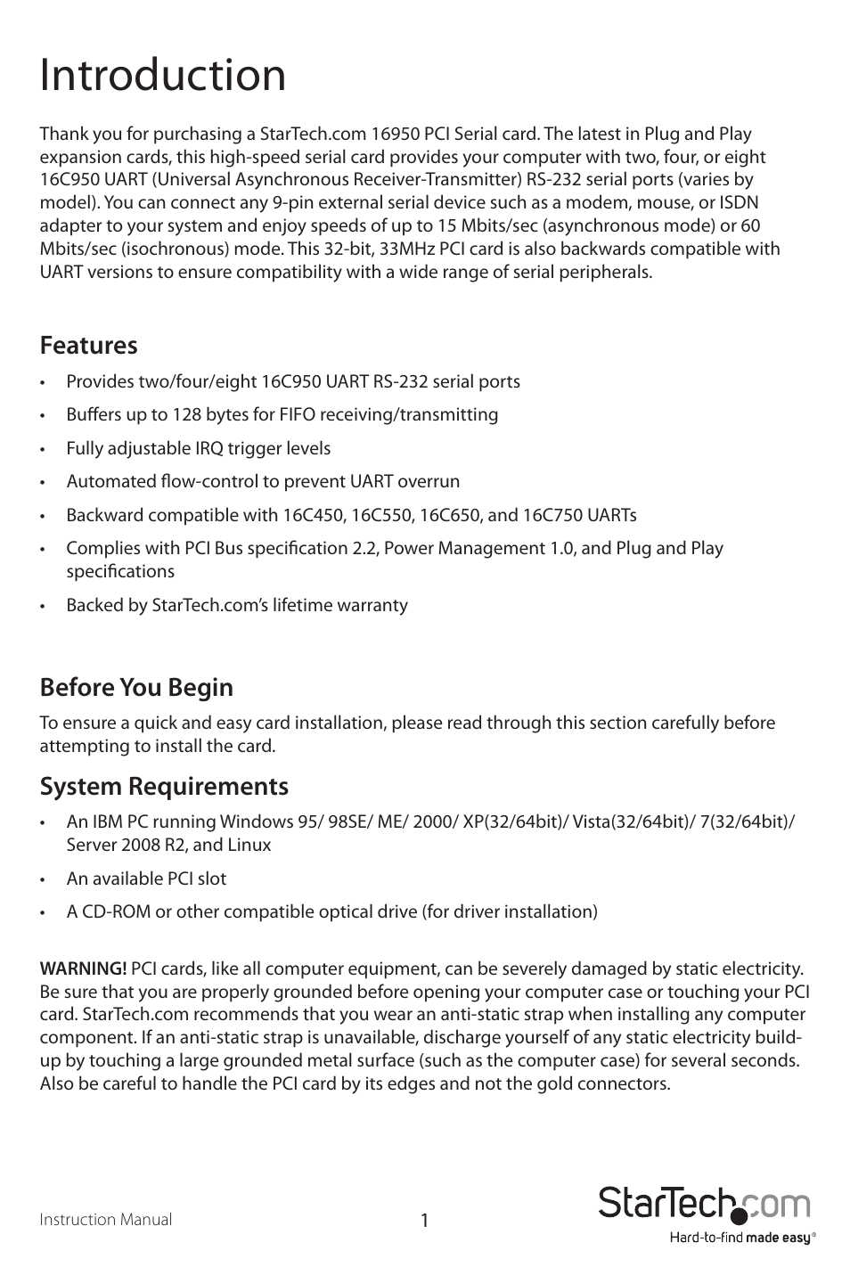 Introduction, Features, Before you begin | System requirements | StarTech.com PCI8S950 User Manual | Page 4 / 10