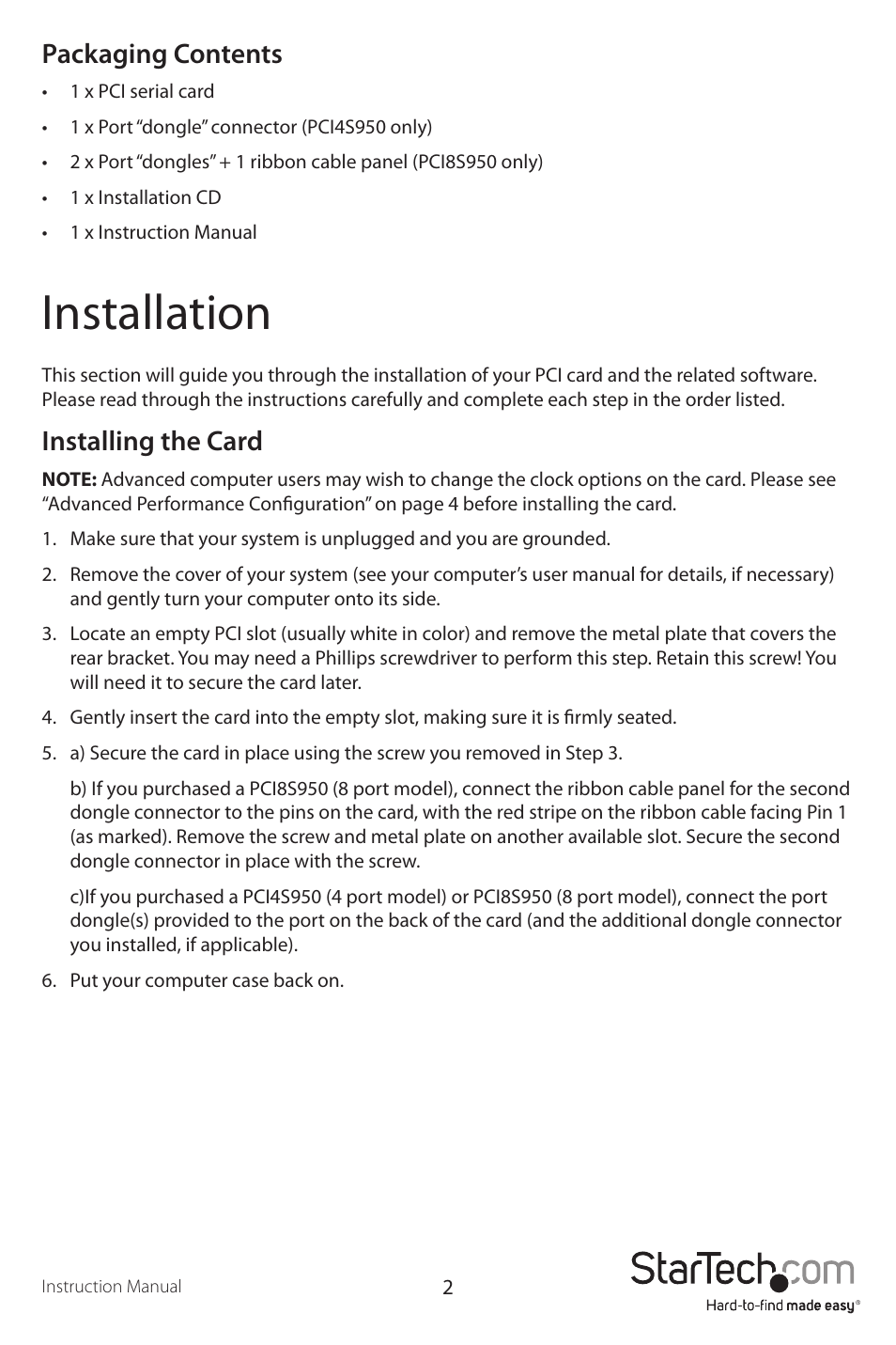 Installation, Packaging contents, Installing the card | StarTech.com PCI8S950 User Manual | Page 5 / 10