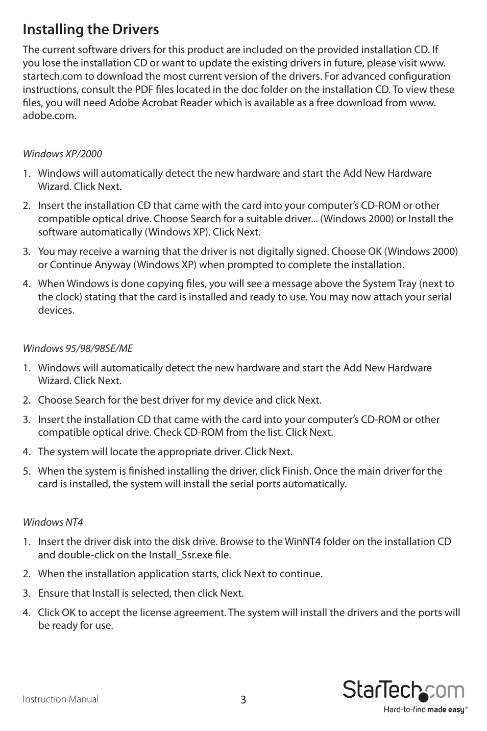 Installing the drivers | StarTech.com PCI8S950 User Manual | Page 6 / 10