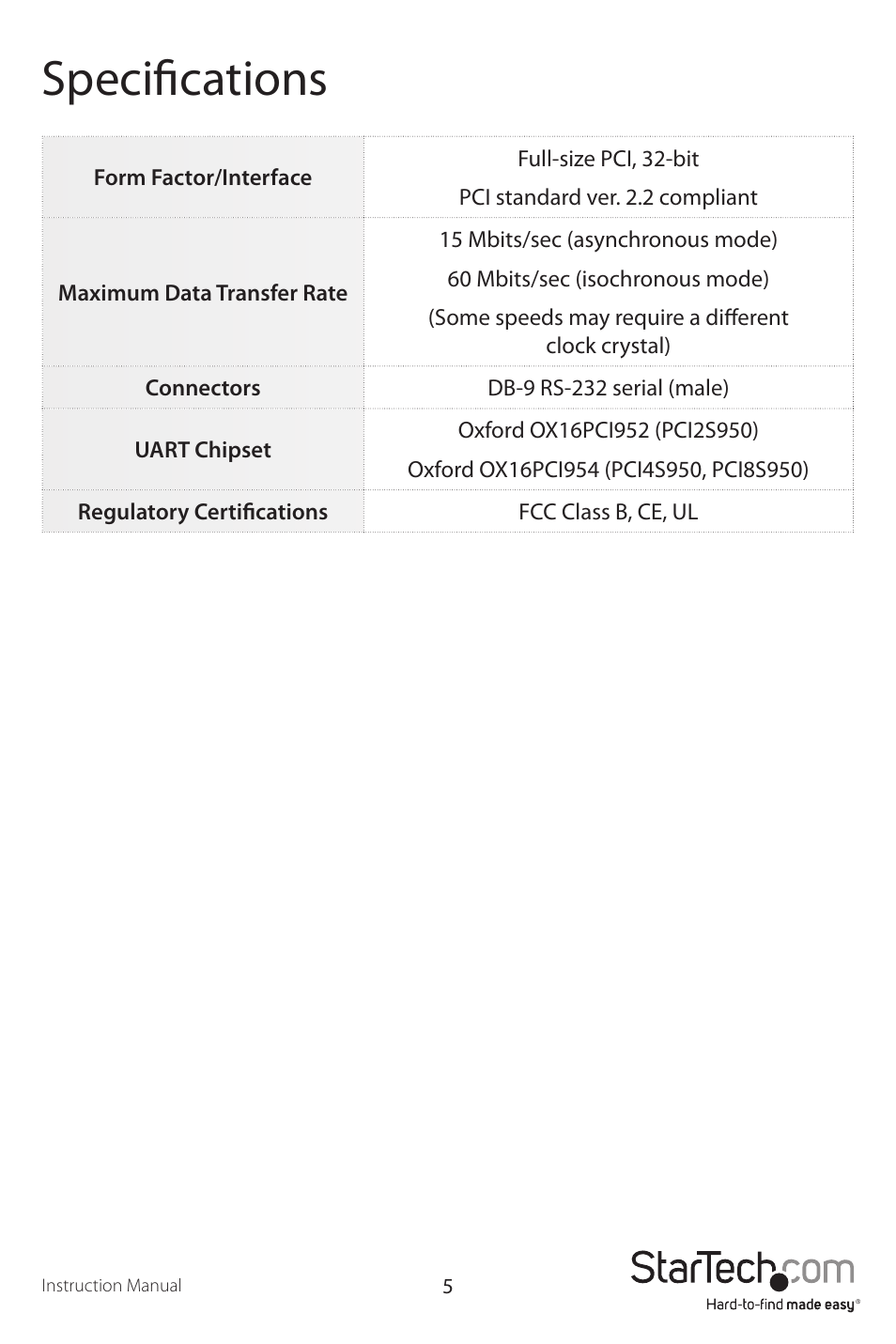 Specifications | StarTech.com PCI8S950 User Manual | Page 8 / 10