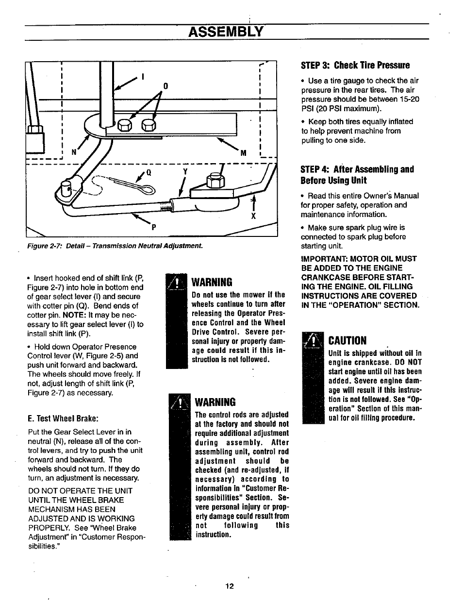 E. test wheel brake, Warning, Step 3: check tire pressure | Caution, Assembly | Craftsman 987.889000 User Manual | Page 12 / 52