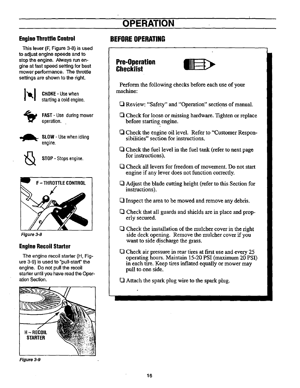 Engine thrnttle control, Engine recoil starter, Before operating | Pre-operation, Checklist, Kl s, Operation, Figure 3-8, Figure 3-9 | Craftsman 987.889000 User Manual | Page 16 / 52