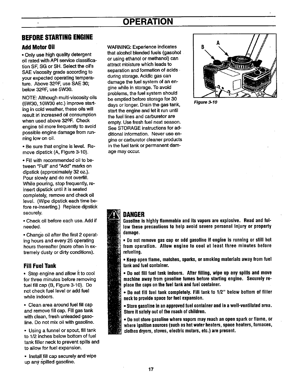 Before starting engine add motor oil, Fill fuel tank, Operation | Figure 3-10 | Craftsman 987.889000 User Manual | Page 17 / 52