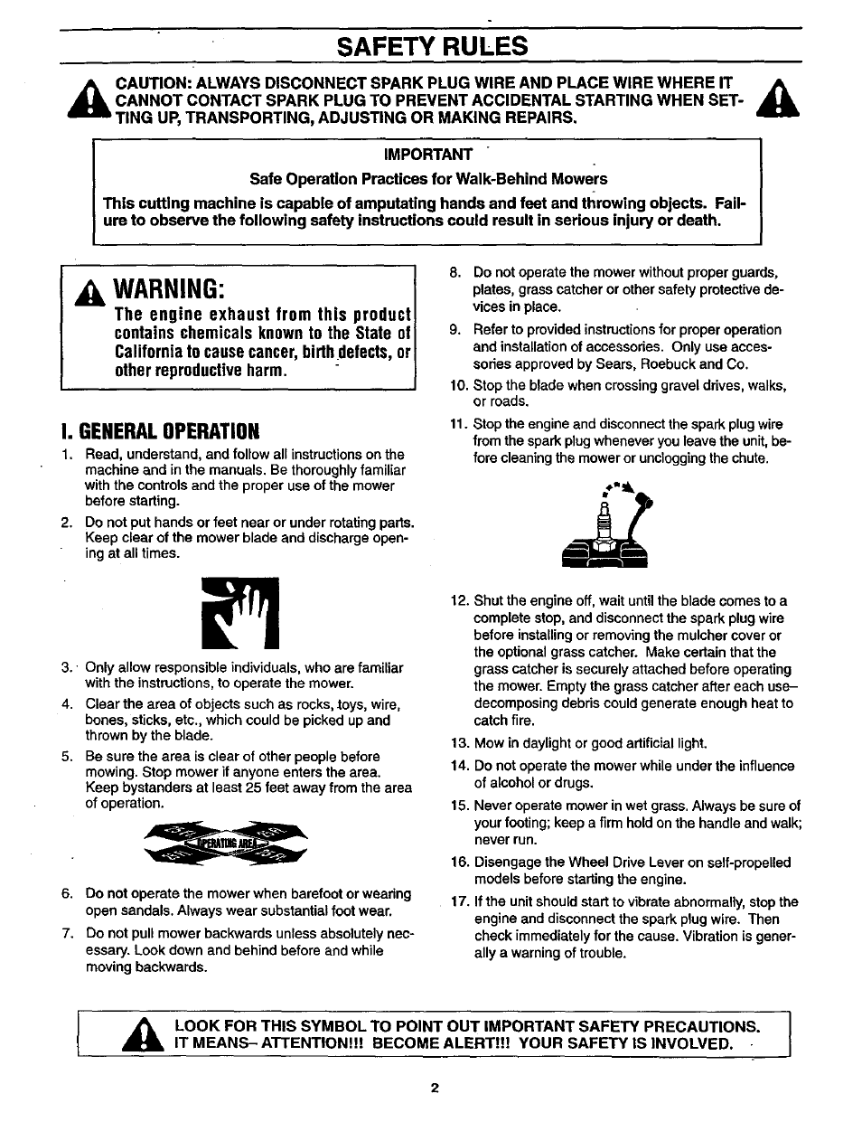 Important, Safe operation practices for walk-behind mowers, I. general operation | Safety rules, Warning | Craftsman 987.889000 User Manual | Page 2 / 52