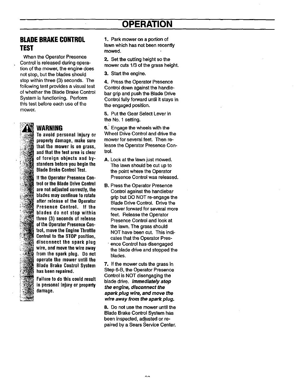 Bude brake control test, Warning, Operation | F .tj | Craftsman 987.889000 User Manual | Page 22 / 52