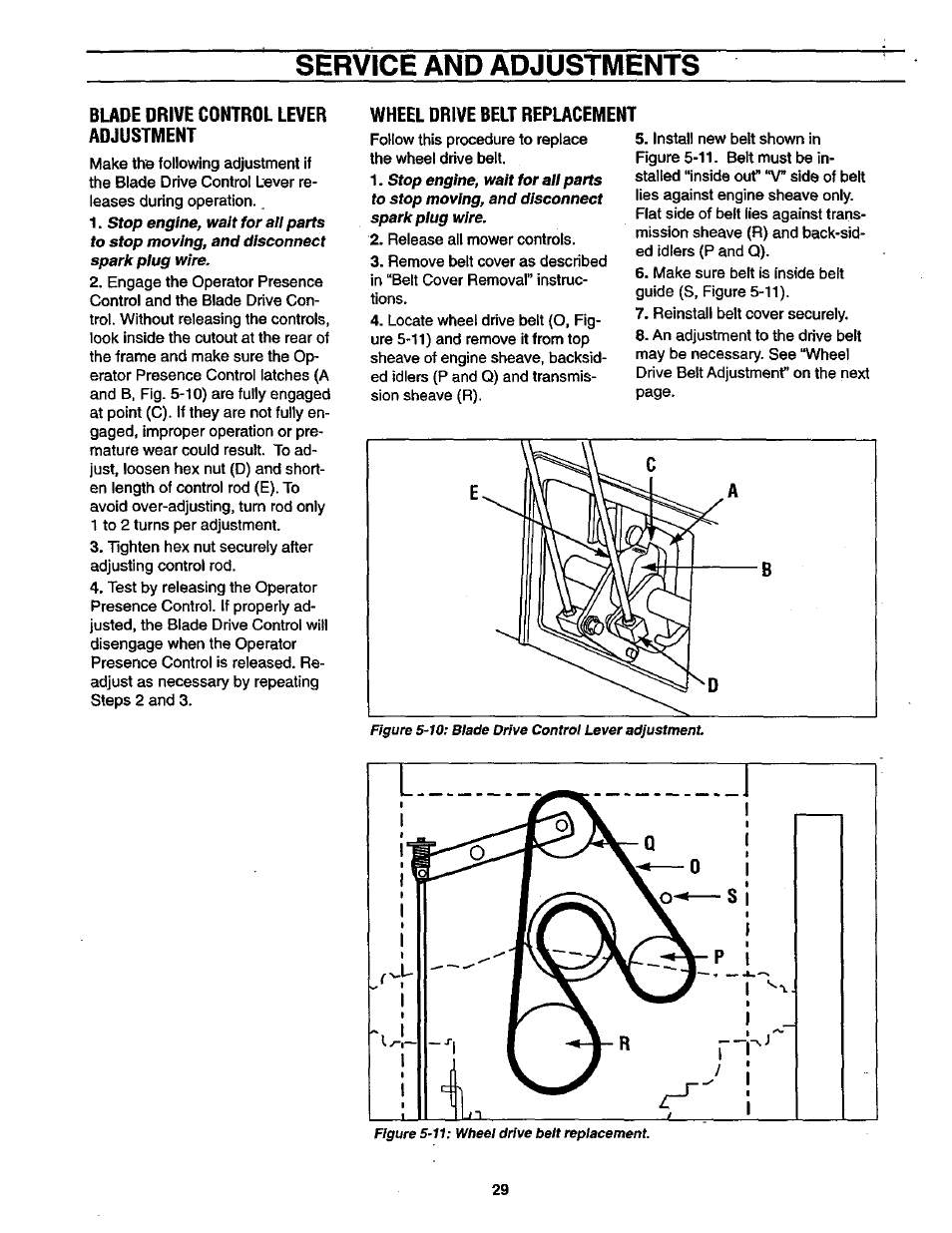 Blade drive control lever adjustment, Service and adjustments | Craftsman 987.889000 User Manual | Page 29 / 52