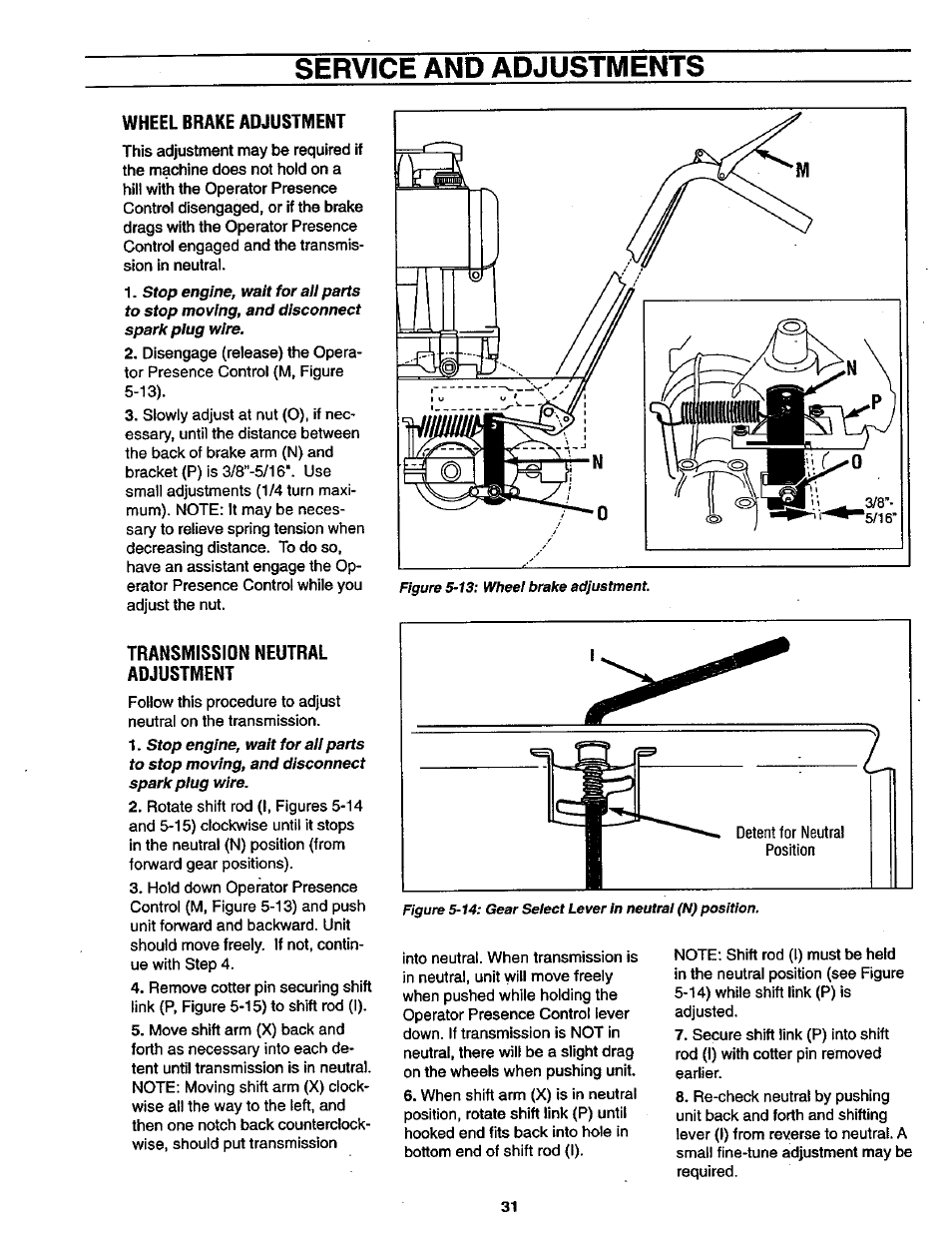 Transmission neutral adjustment, Service and adjustments | Craftsman 987.889000 User Manual | Page 31 / 52