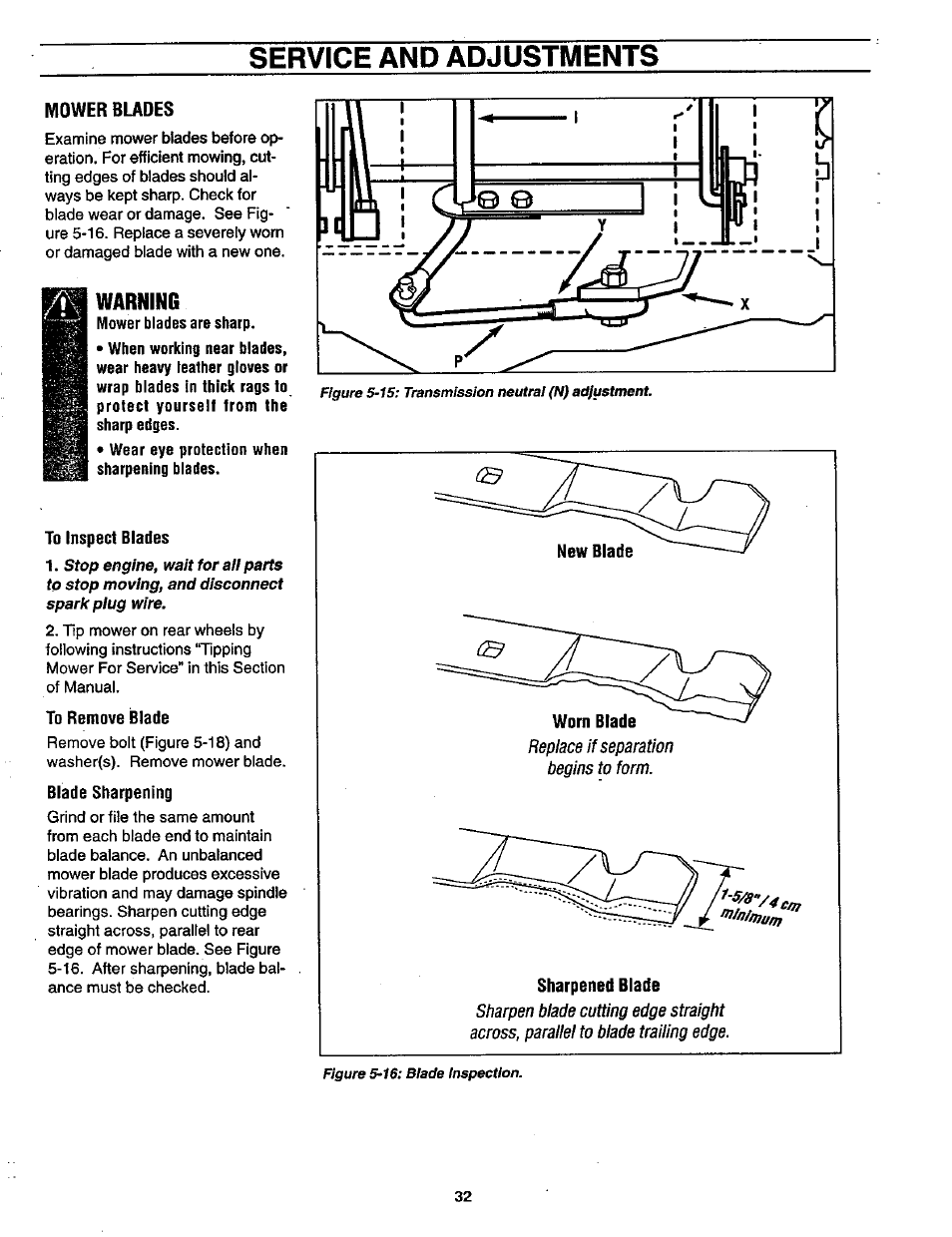 Warning, To inspect blades, To remove blade | Blade sharpening, Service and adjustments | Craftsman 987.889000 User Manual | Page 32 / 52