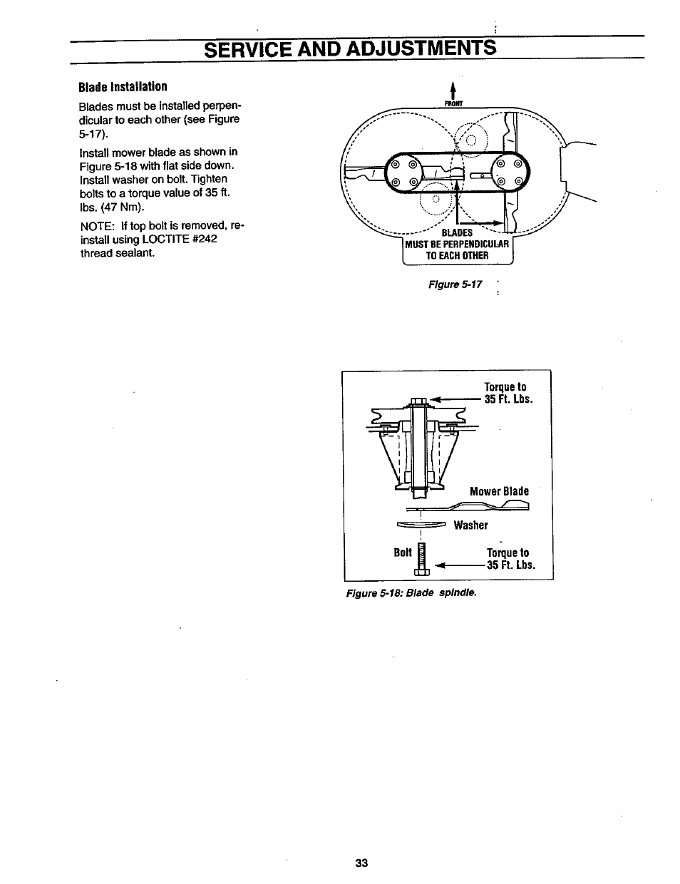 Blade installation, Servtce and adjustments | Craftsman 987.889000 User Manual | Page 33 / 52