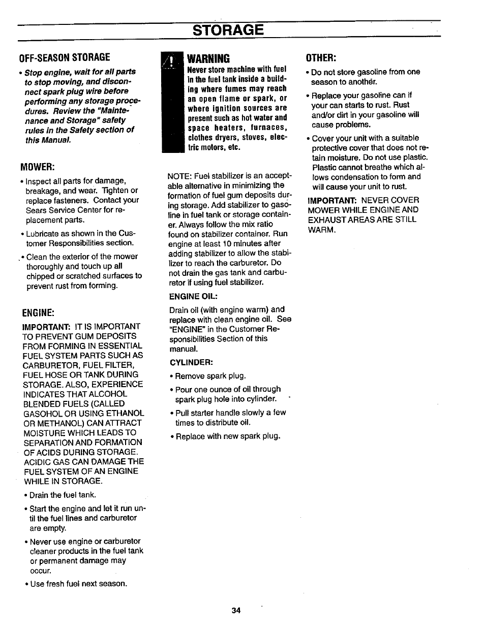 Off-season storage, Mower, Engine | Storage i warning, Other, Storage | Craftsman 987.889000 User Manual | Page 34 / 52