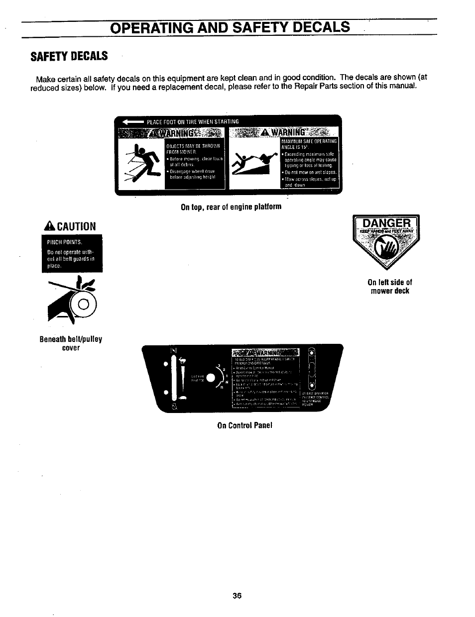 Operating and safety decals, Safety decals, A caution | On top, rear of engine platform, On left side of mower deck, Beneath belt/pulley cover, On control panel, V j ¡« rndi. i il ilf li ! i, I;rilb srdpu'.itor, Lul-'llnclagt | Craftsman 987.889000 User Manual | Page 36 / 52