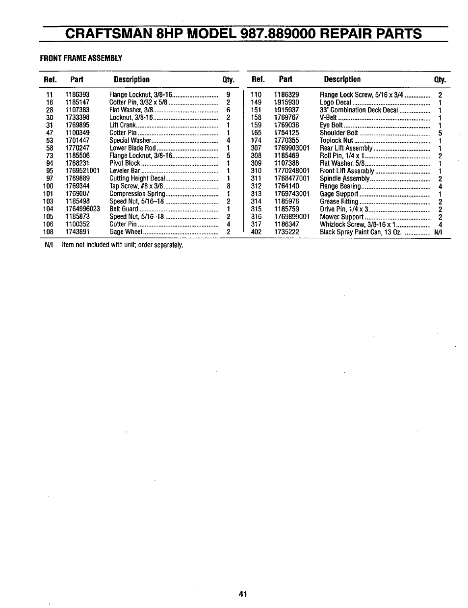 Front frame assembly, Ref. part 11, Description | Qty. ref. part description qty | Craftsman 987.889000 User Manual | Page 41 / 52