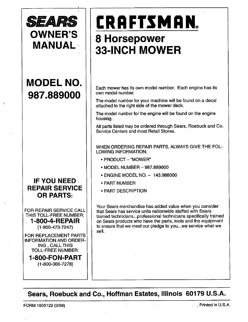 Owner’s, Manual, Model no. 987.889000 | If you need repair service or parts, 800-4-repair, 800-fon-part, 8 horsepower 33-inch mower, Crbftsmbn, Owner’s manual model no | Craftsman 987.889000 User Manual | Page 52 / 52