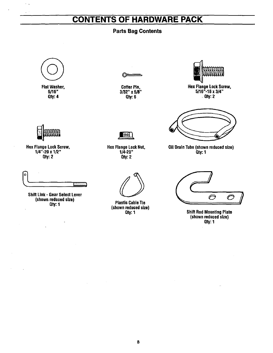 Parts bag contents, Contents of hardware pack parts bag contents | Craftsman 987.889000 User Manual | Page 8 / 52