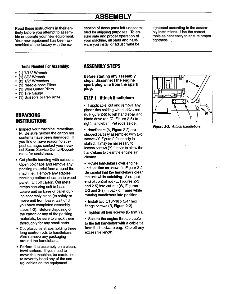 Toots needed for assembly, Unpacking, Instructions | Assembly steps, Step1: attach handlebars, Assembly, Figure 2-2: attach handlebars | Craftsman 987.889000 User Manual | Page 9 / 52